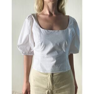 STAUD Papaya White Cotton Puff Sleeve Cropped Blouse US 10 NWT